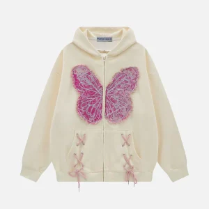 Aelfric Eden Fringe Washed Butterfly Printed Zip Up Hoodie