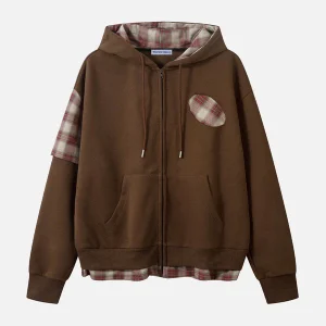 Aelfric Eden Irregular Plaid Patchwork Zip Up Hoodie