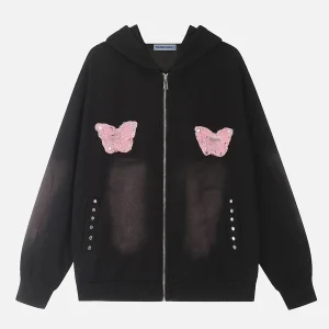 Aelfric Eden Distressed Butterfly Washed Zip Up Hoodie