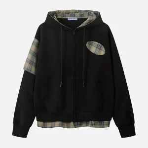 Aelfric Eden Irregular Plaid Patchwork Zip Up Hoodie